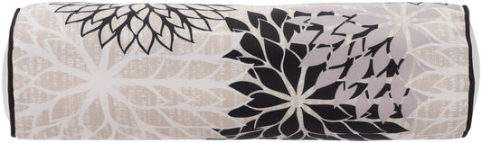 6" X 20" Black Gray and White Bolster Floral Indoor Outdoor Throw Pillow