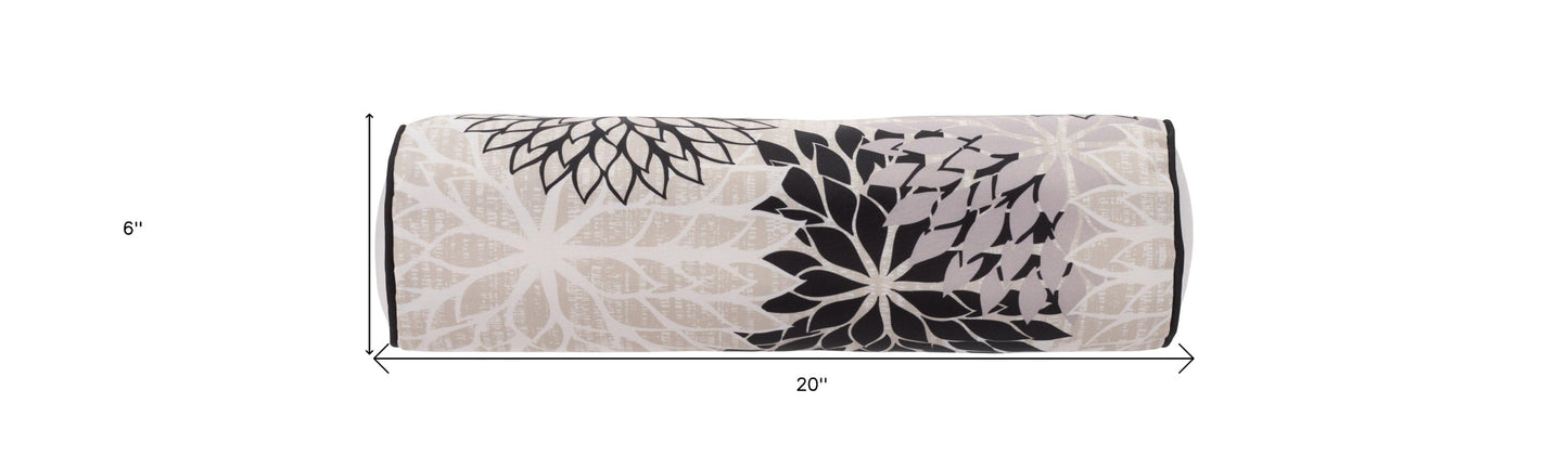 6" X 20" Black Gray and White Bolster Floral Indoor Outdoor Throw Pillow