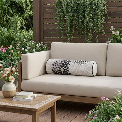6" X 20" Black Gray and White Bolster Floral Indoor Outdoor Throw Pillow