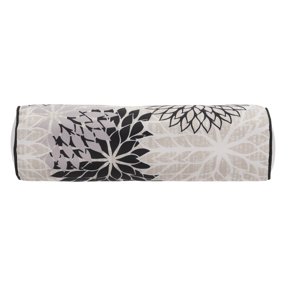 6" X 20" Black Gray and White Bolster Floral Indoor Outdoor Throw Pillow