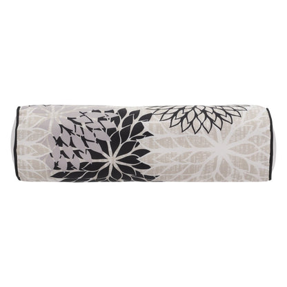 6" X 20" Black Gray and White Bolster Floral Indoor Outdoor Throw Pillow