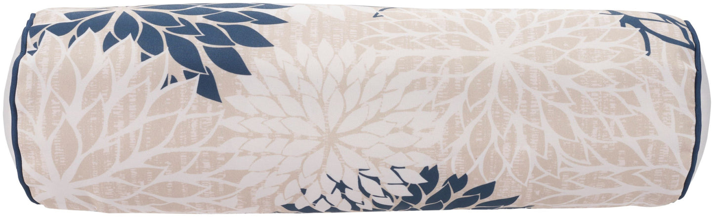 6" X 20" Beige Blue and Ivory Bolster Floral Indoor Outdoor Throw Pillow