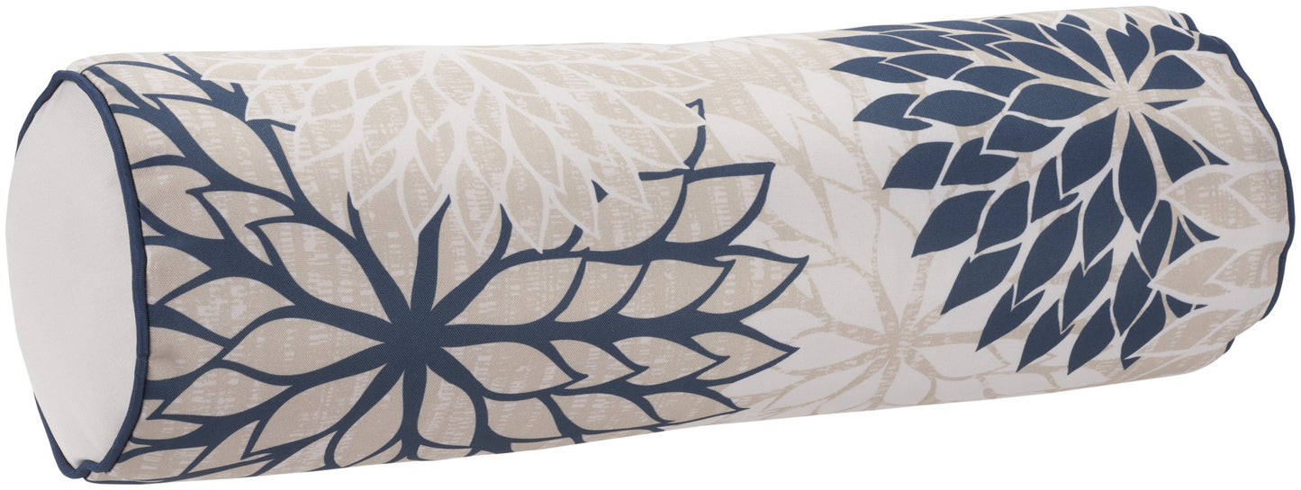 6" X 20" Beige Blue and Ivory Bolster Floral Indoor Outdoor Throw Pillow