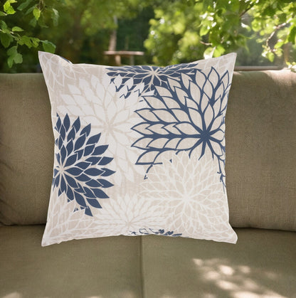 20" Beige Blue and Ivory Floral Indoor Outdoor Throw Pillow