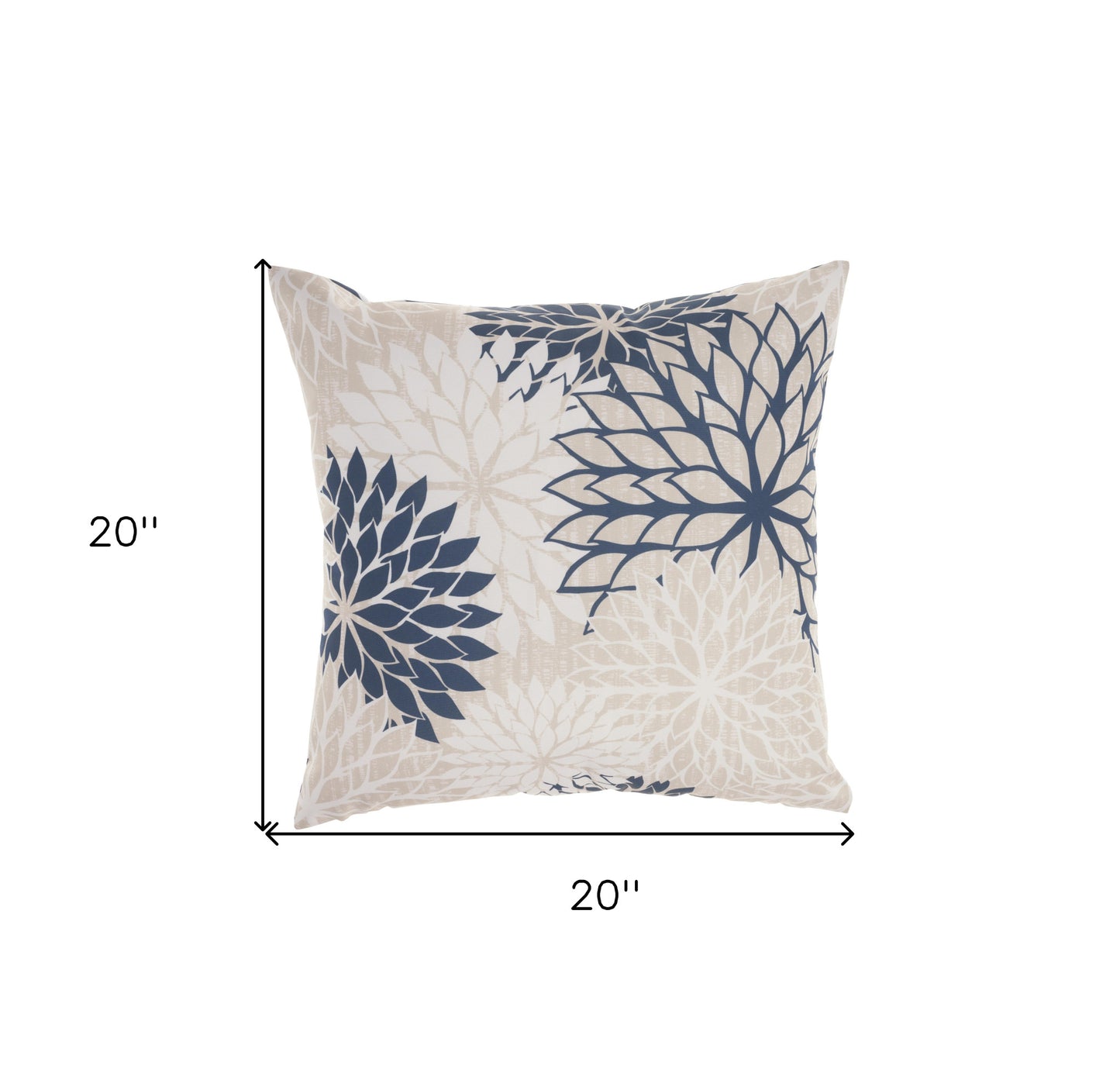 20" Beige Blue and Ivory Floral Indoor Outdoor Throw Pillow