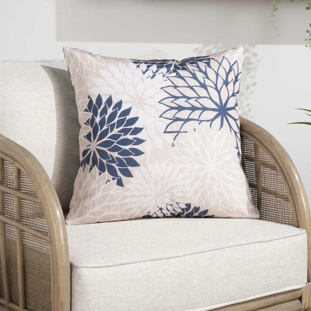 20" Beige Blue and Ivory Floral Indoor Outdoor Throw Pillow