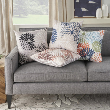 20" Beige Blue and Ivory Floral Indoor Outdoor Throw Pillow