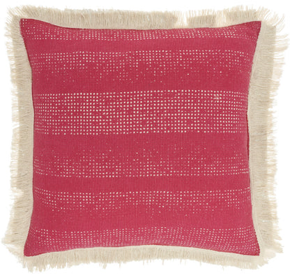 18" Pink and Ivory Striped Cotton Throw Pillow With Fringe