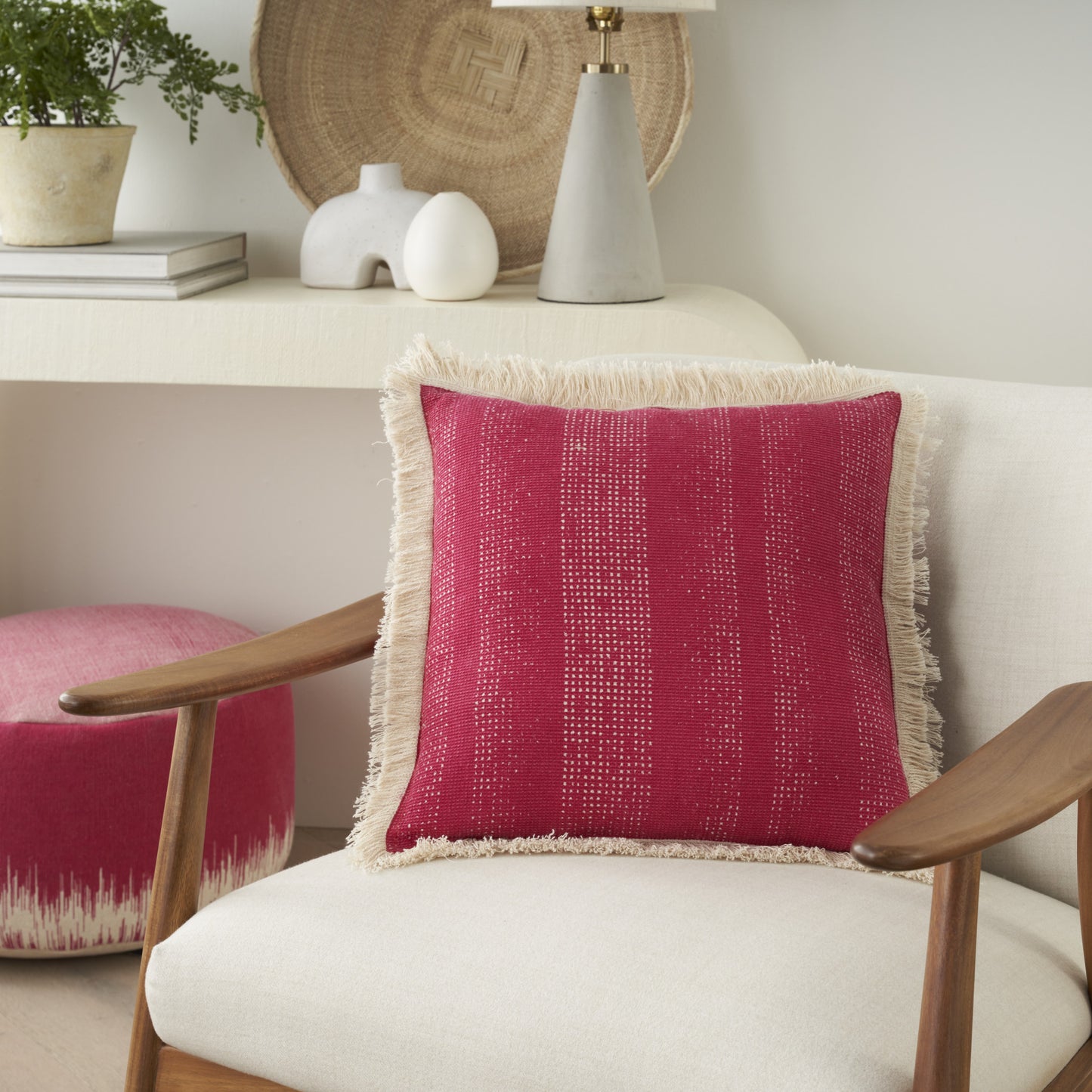 18" Pink and Ivory Striped Cotton Throw Pillow With Fringe