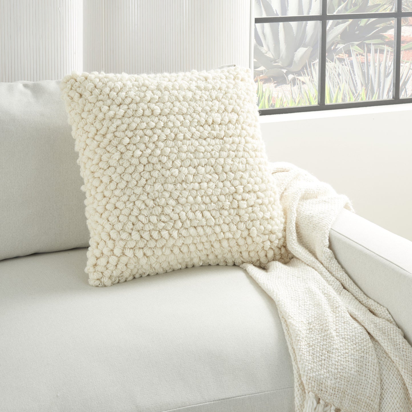 20" Ivory Wool Blend Throw Pillow With Texture