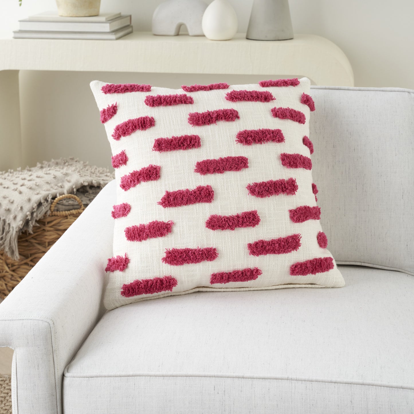 18" Pink and White Geometric Cotton Throw Pillow