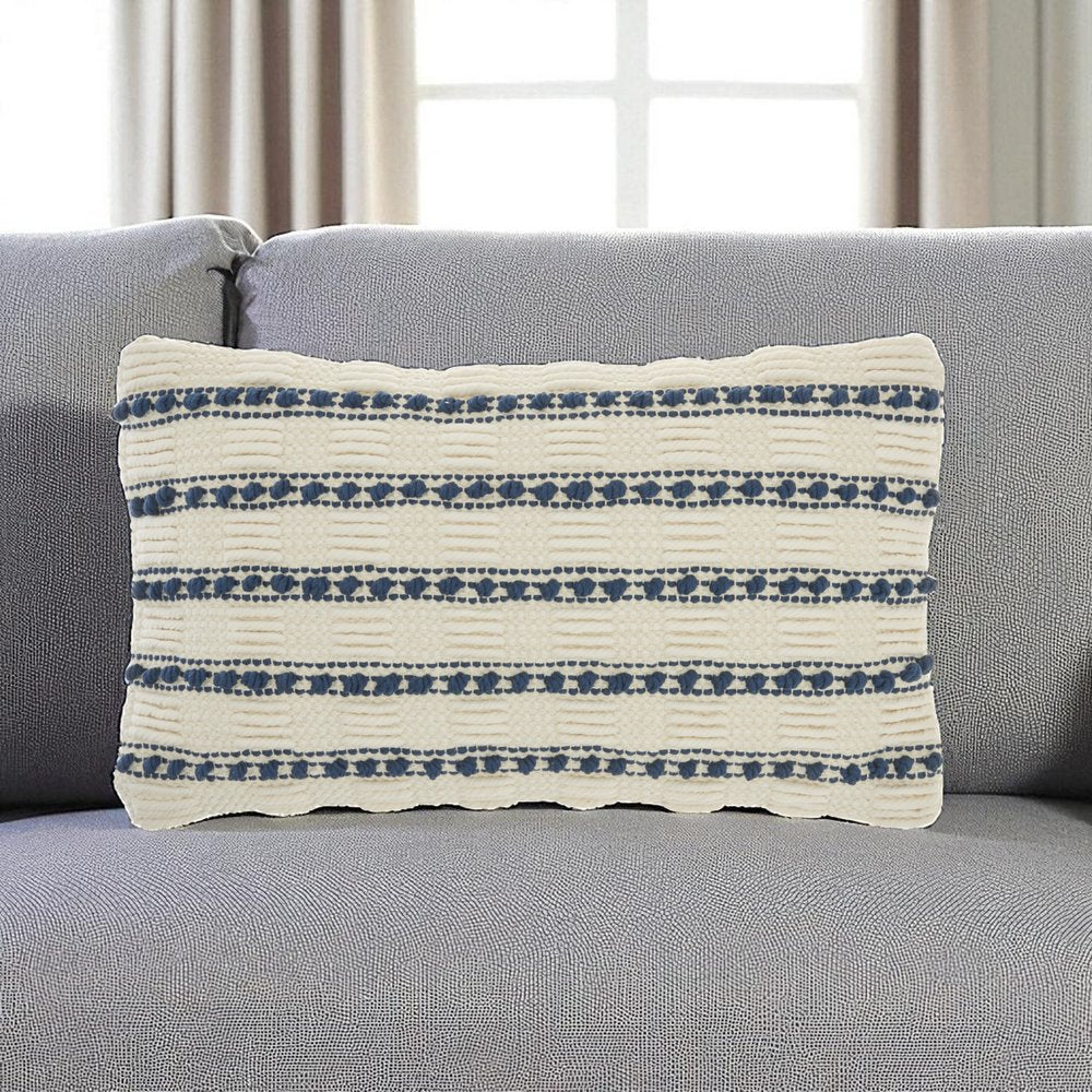 12" X 20" Ivory and Blue Striped Cotton Blend Throw Pillow With Texture