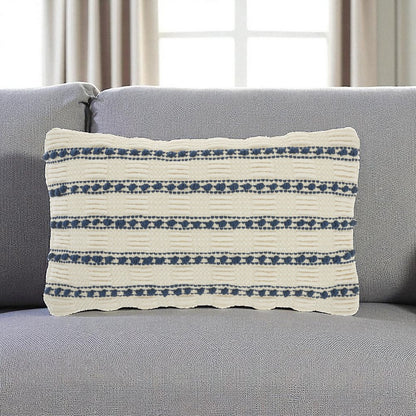 12" X 20" Ivory and Blue Striped Cotton Blend Throw Pillow With Texture