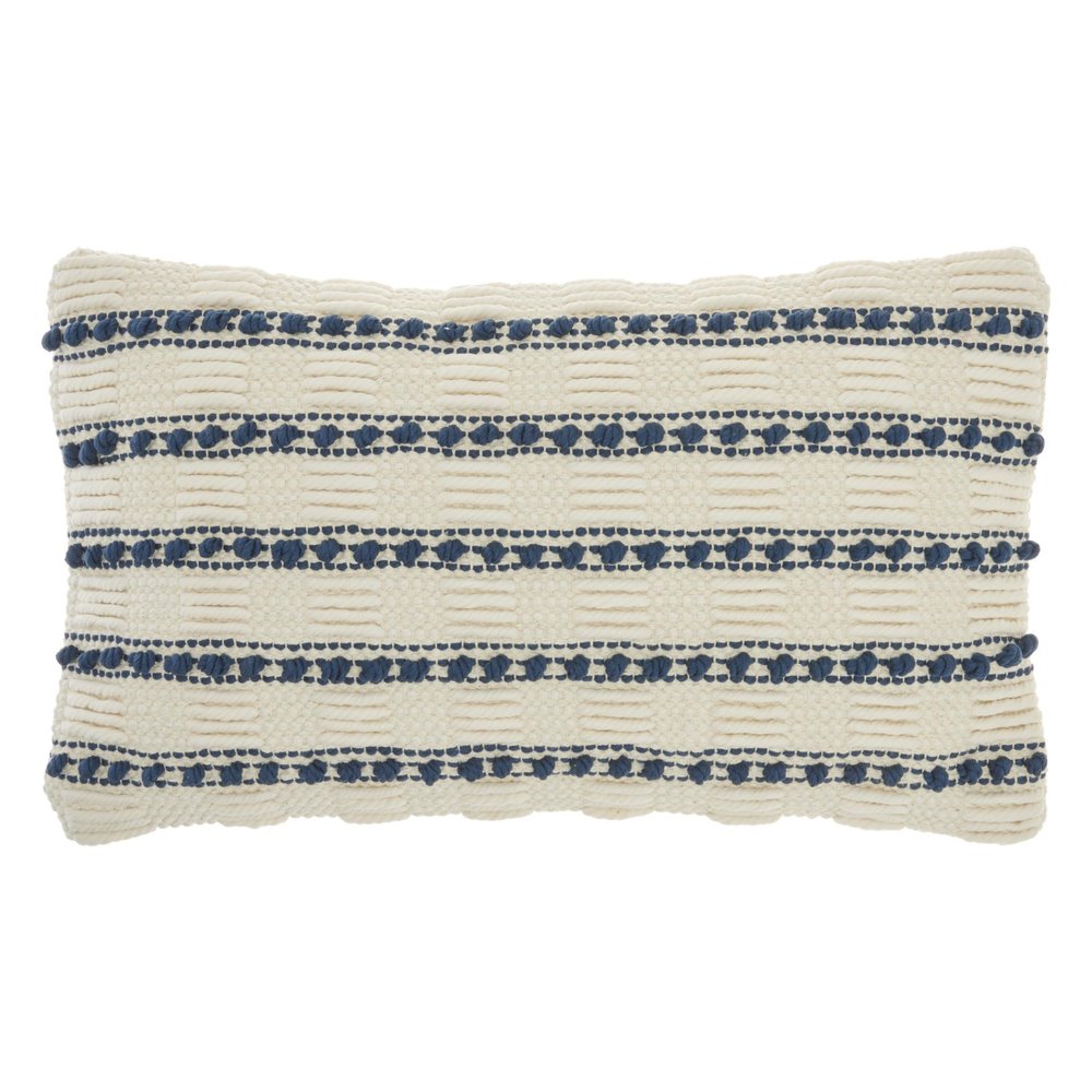 12" X 20" Ivory and Blue Striped Cotton Blend Throw Pillow With Texture