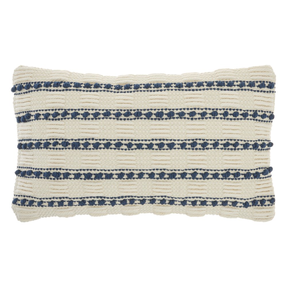 12" X 20" Ivory and Blue Striped Cotton Blend Throw Pillow With Texture