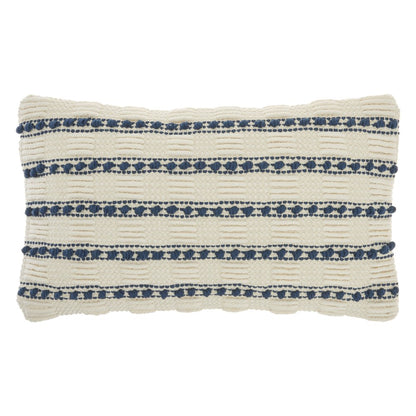 12" X 20" Ivory and Blue Striped Cotton Blend Throw Pillow With Texture