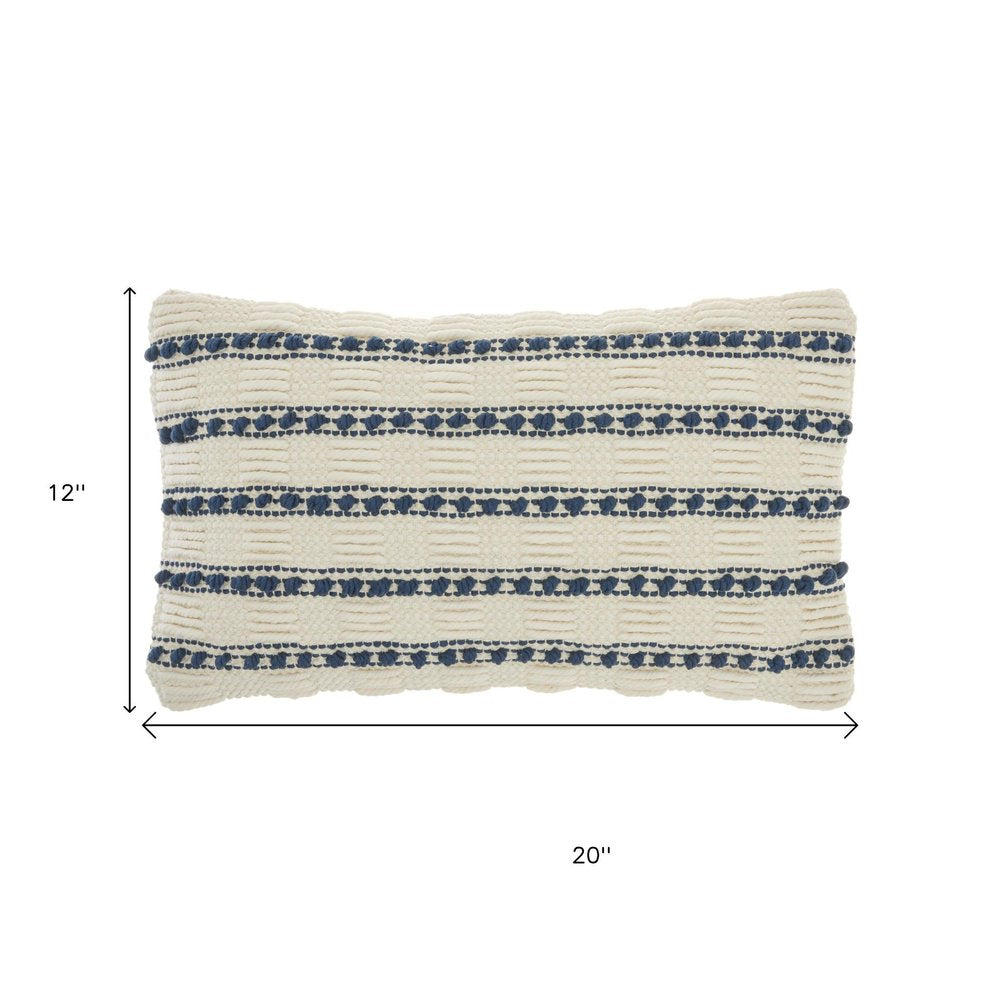 12" X 20" Ivory and Blue Striped Cotton Blend Throw Pillow With Texture