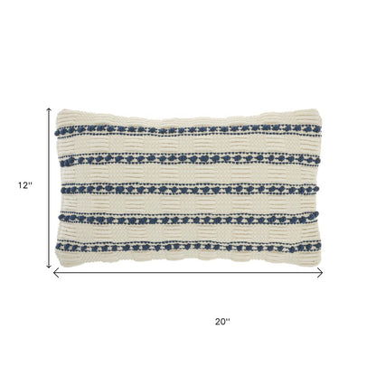 12" X 20" Ivory and Blue Striped Cotton Blend Throw Pillow With Texture