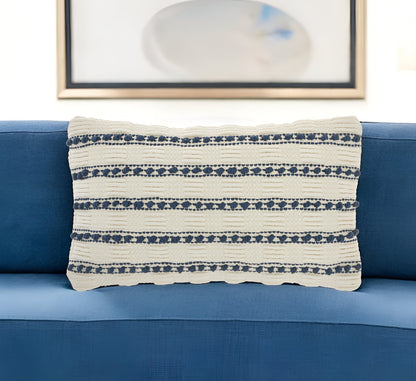 12" X 20" Ivory and Blue Striped Cotton Blend Throw Pillow With Texture