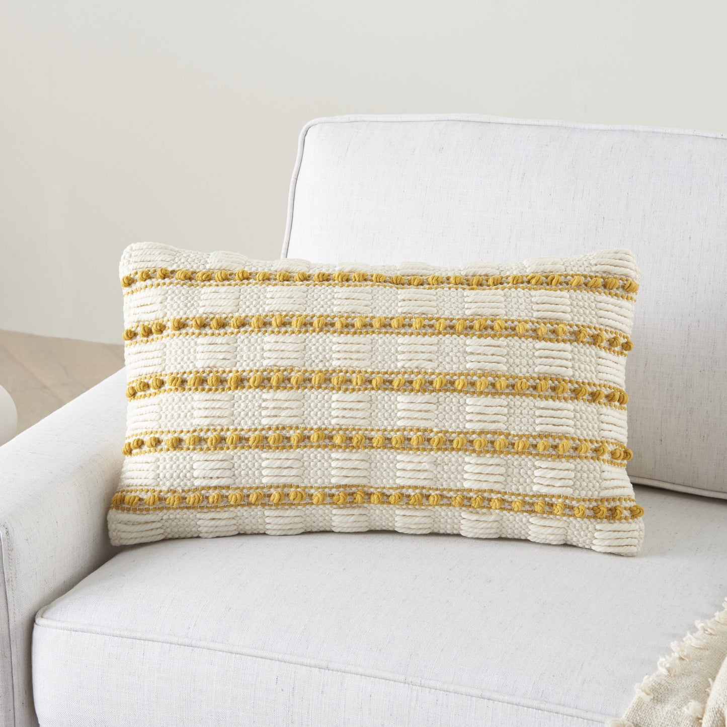 12" X 20" Yellow and Ivory Striped Cotton Blend Throw Pillow With Texture