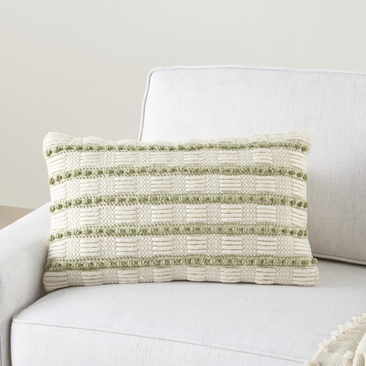 12" X 20" Sage and Ivory Striped Cotton Blend Throw Pillow With Texture