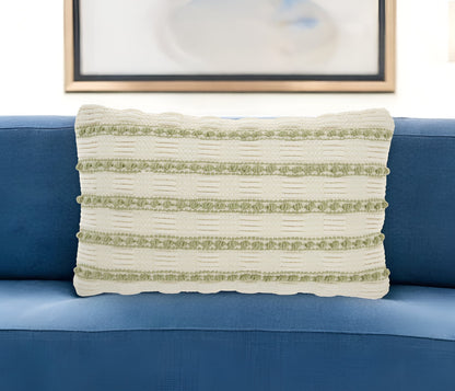 12" X 20" Sage and Ivory Striped Cotton Blend Throw Pillow With Texture