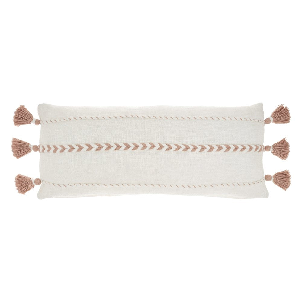 12" X 30" Pink and White Striped Cotton Lumbar Throw Pillow With Tassels
