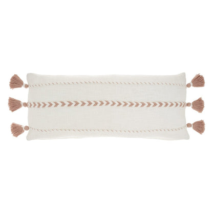 12" X 30" Pink and White Striped Cotton Lumbar Throw Pillow With Tassels