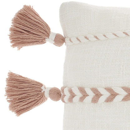 12" X 30" Pink and White Striped Cotton Lumbar Throw Pillow With Tassels