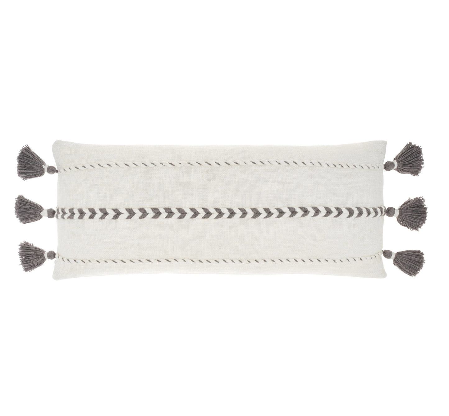 12" X 30" Gray and White Striped Cotton Lumbar Throw Pillow With Tassels