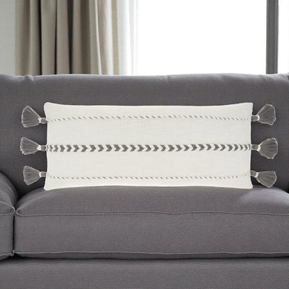 12" X 30" Gray and White Striped Cotton Lumbar Throw Pillow With Tassels