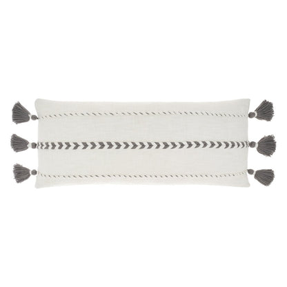 12" X 30" Gray and White Striped Cotton Lumbar Throw Pillow With Tassels