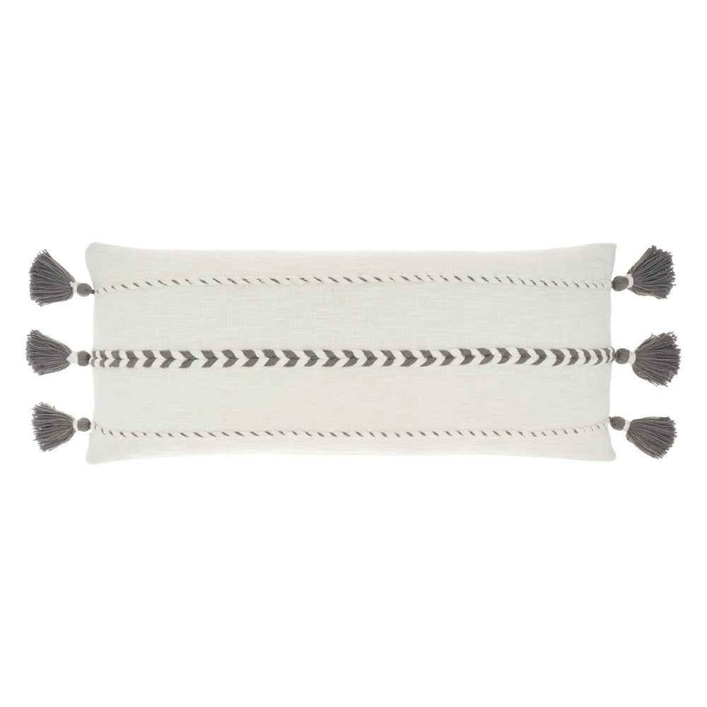 12" X 30" Gray and White Striped Cotton Lumbar Throw Pillow With Tassels