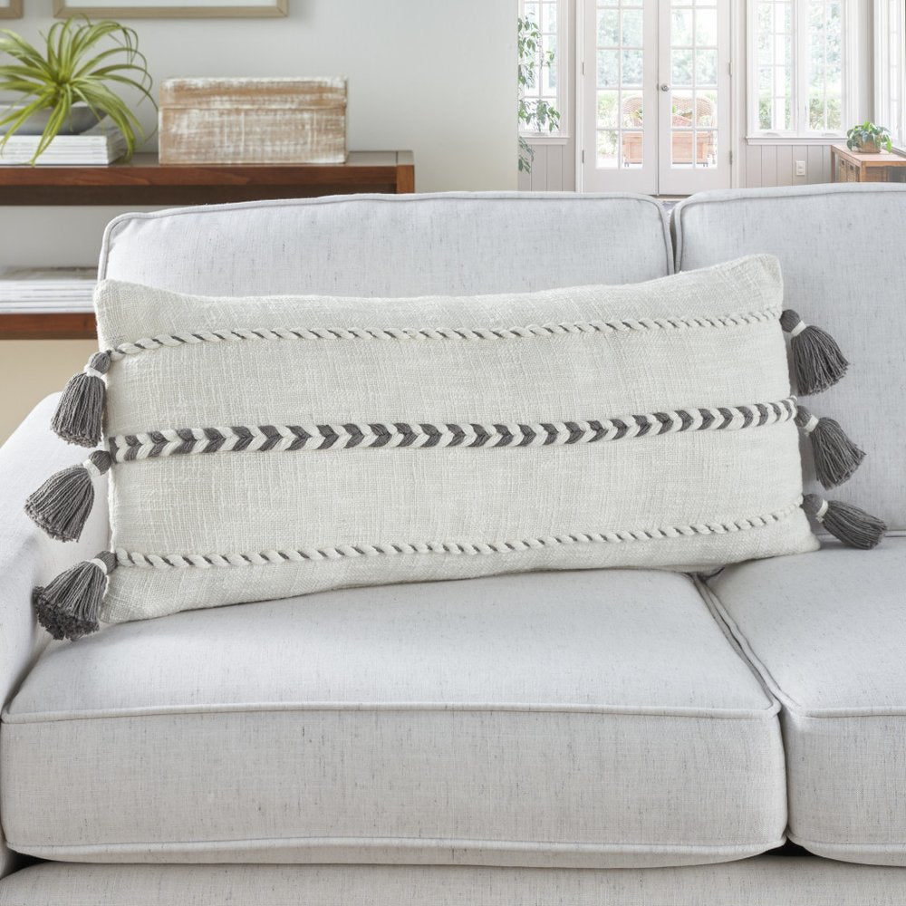 12" X 30" Gray and White Striped Cotton Lumbar Throw Pillow With Tassels