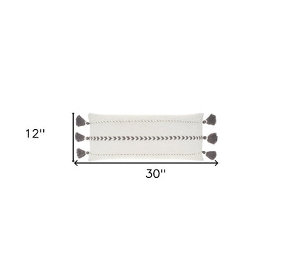 12" X 30" Gray and White Striped Cotton Lumbar Throw Pillow With Tassels