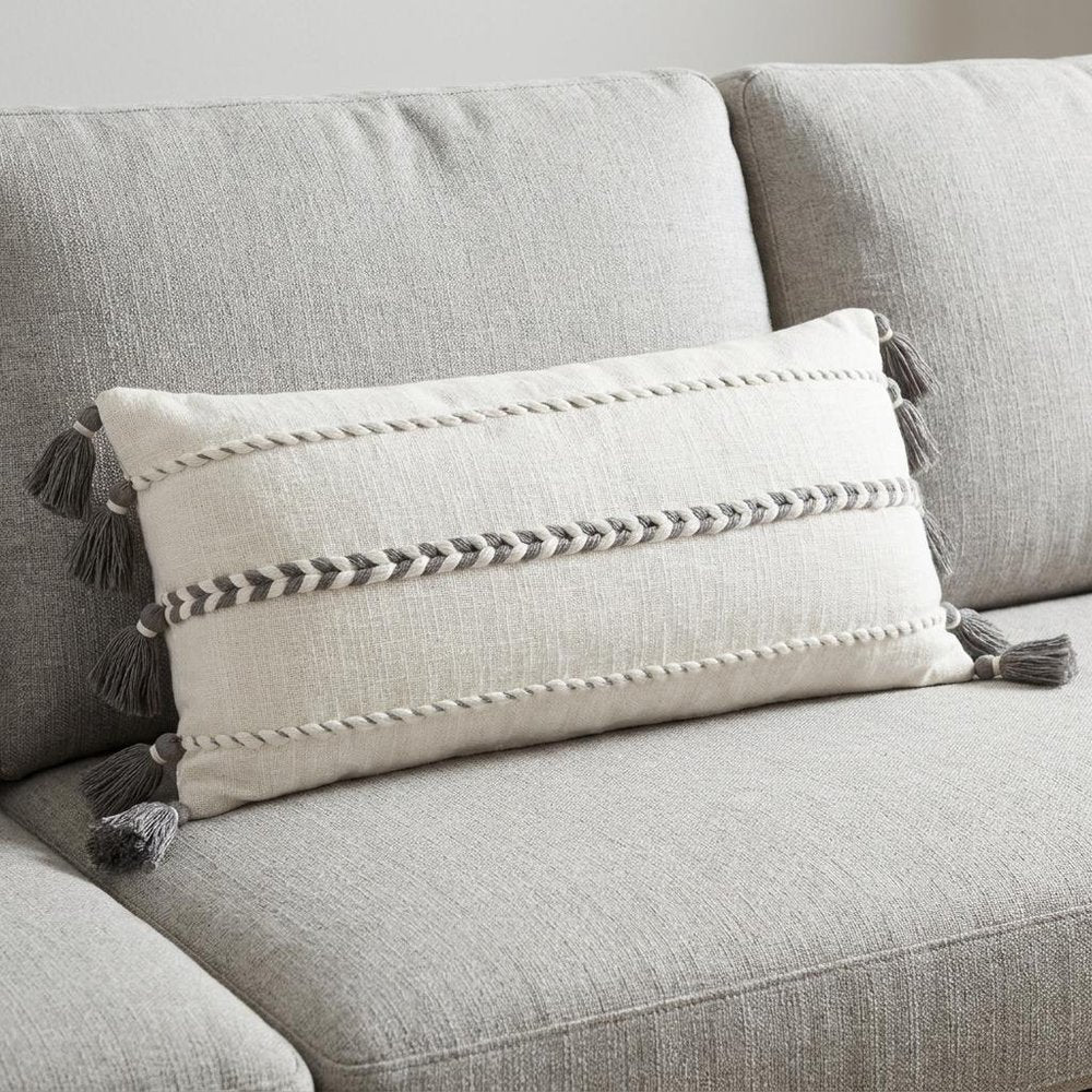 12" X 30" Gray and White Striped Cotton Lumbar Throw Pillow With Tassels