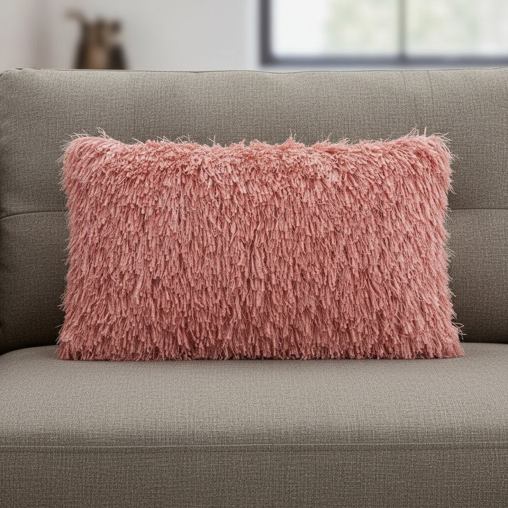 14" X 24" Coral Shag Lumbar Throw Pillow