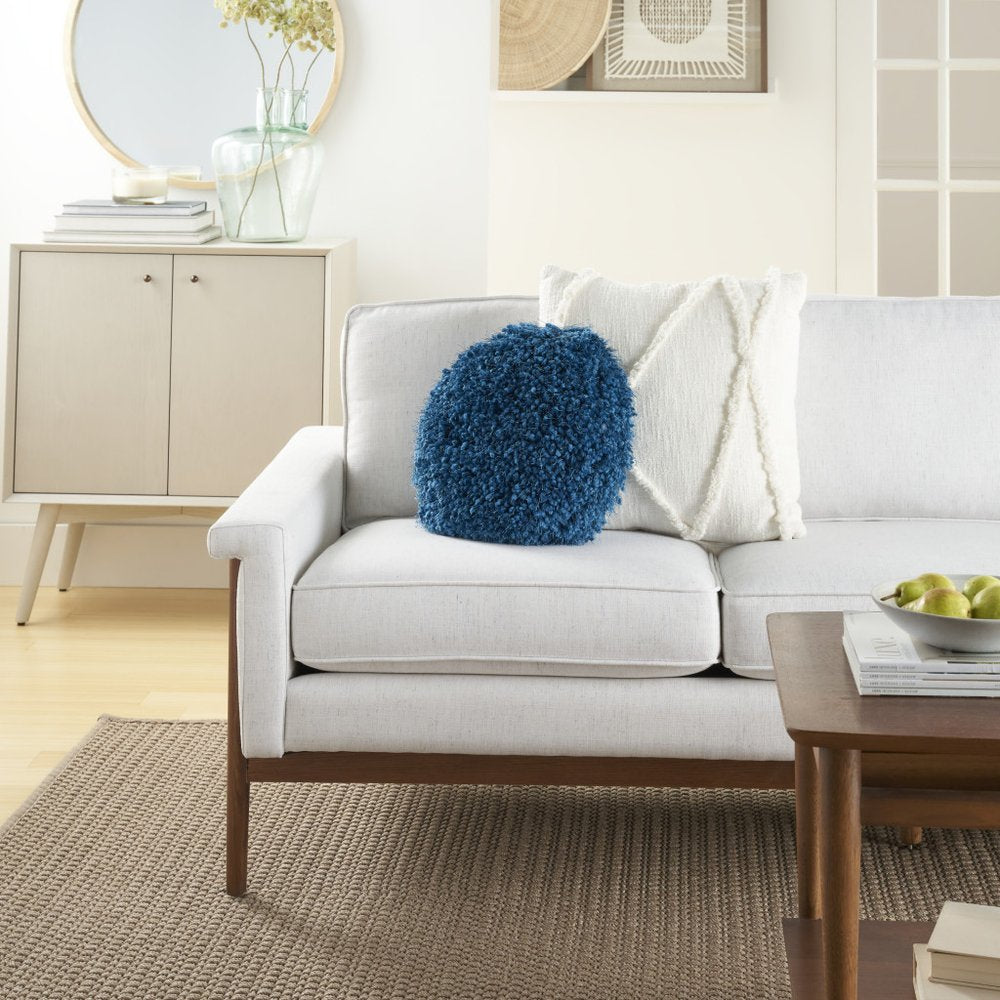 14" X 14" Teal Blue Round Shag Throw Pillow