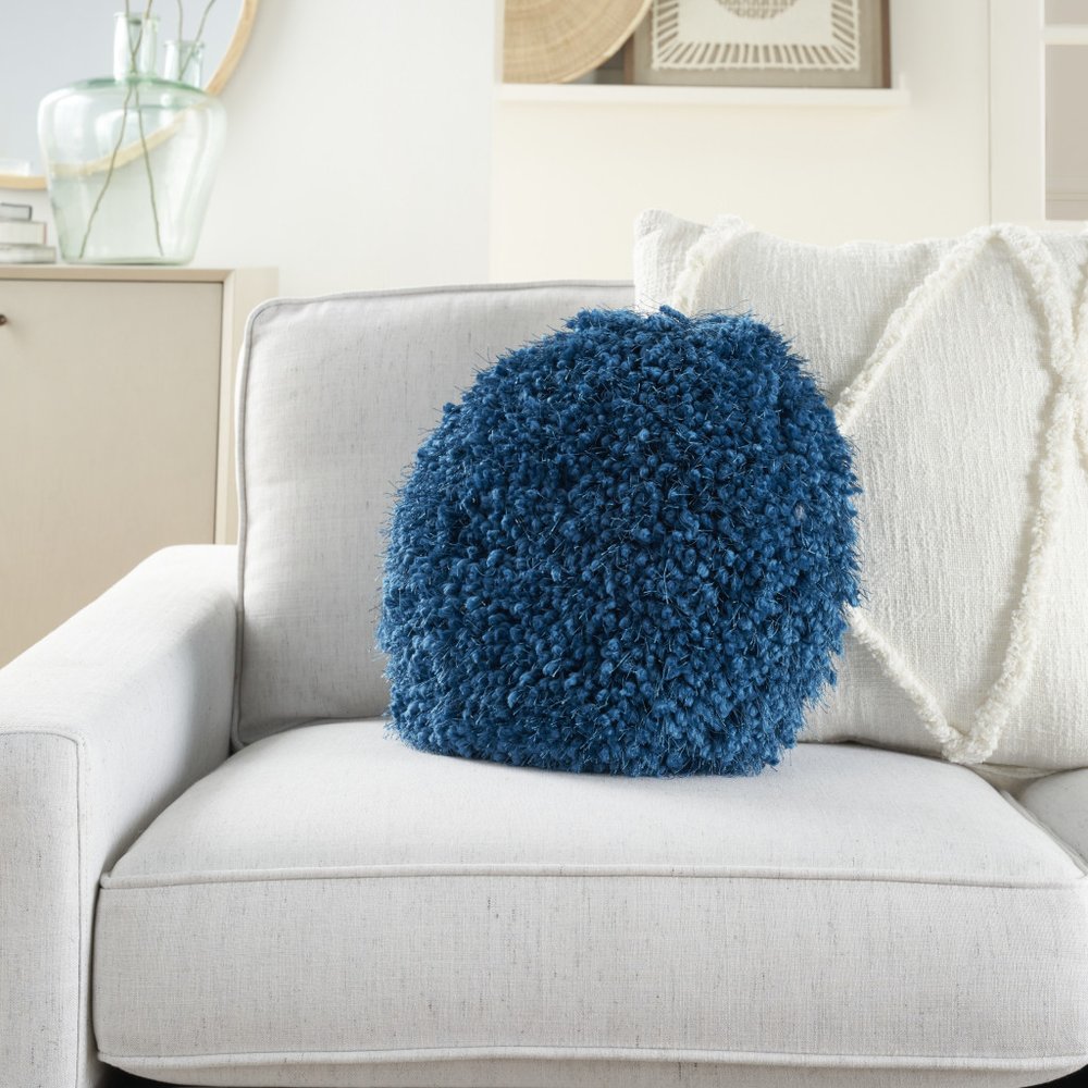 14" X 14" Teal Blue Round Shag Throw Pillow