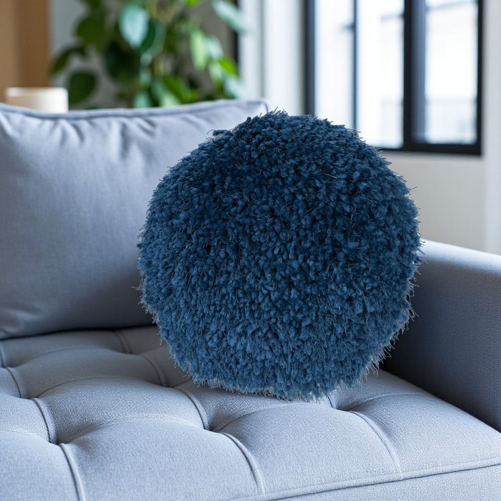 14" X 14" Teal Blue Round Shag Throw Pillow