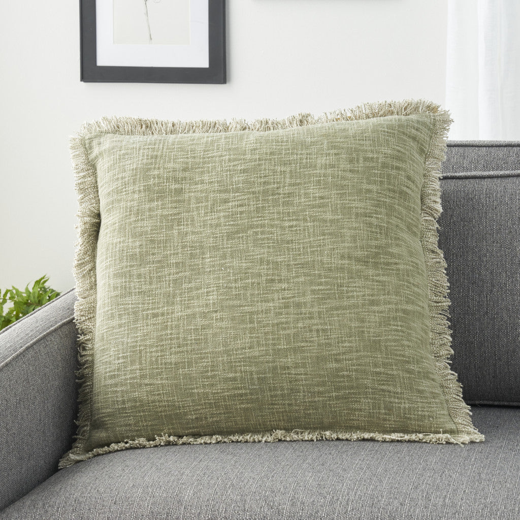 22" Sage Cotton Throw Pillow With Fringe