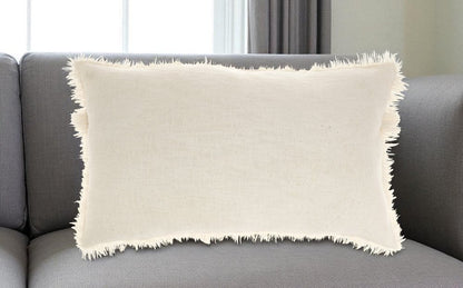 14" X 24" Ivory Cotton Throw Pillow With Fringe