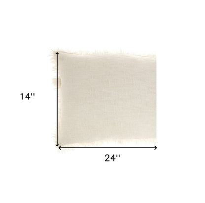 14" X 24" Ivory Cotton Throw Pillow With Fringe