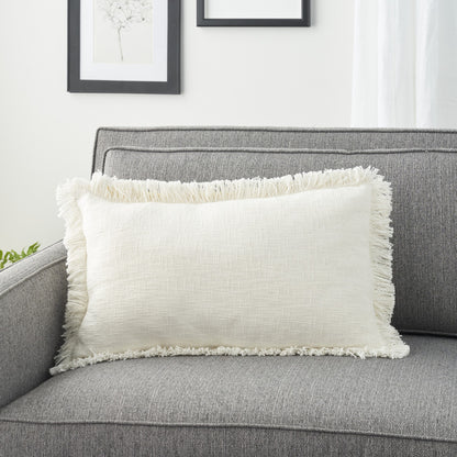 14" X 24" Ivory Cotton Throw Pillow With Fringe