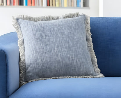 22" Blue Cotton Throw Pillow With Fringe