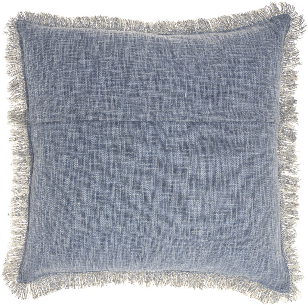 22" Blue Cotton Throw Pillow With Fringe