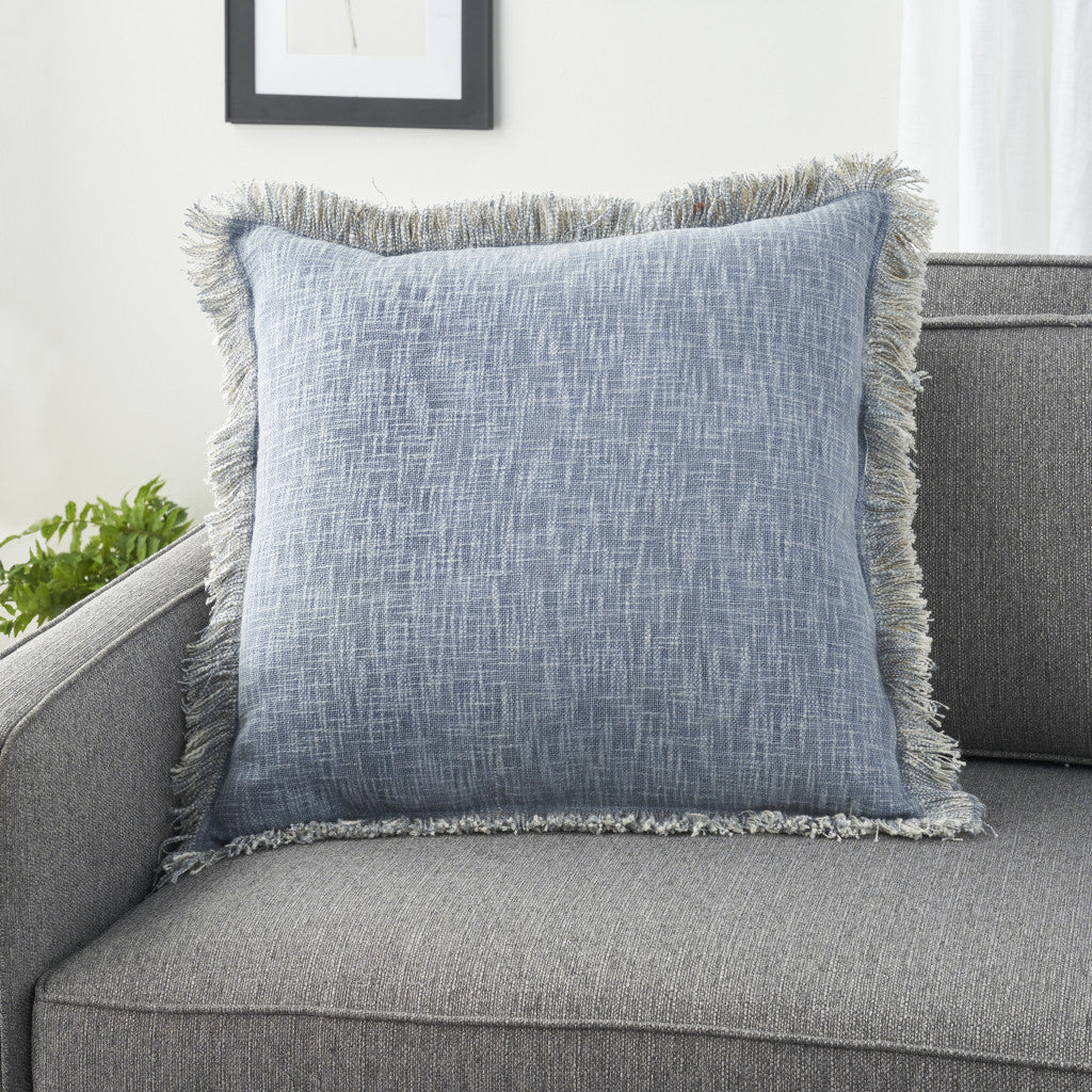 22" Blue Cotton Throw Pillow With Fringe