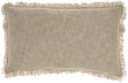 24" X 14" Taupe Linen Cotton Zippered Pillow With Fringe