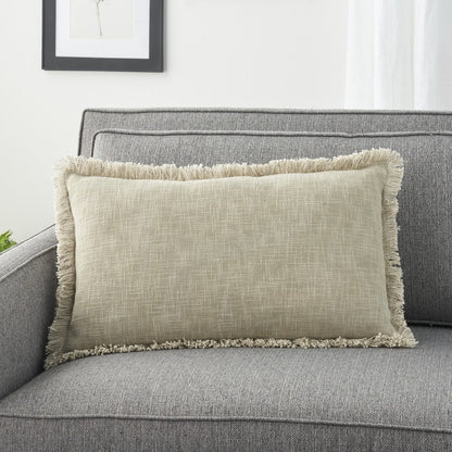 14" X 24" Taupe Cotton Lumbar Throw Pillow with Fringe