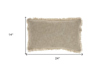14" X 24" Taupe Cotton Lumbar Throw Pillow with Fringe
